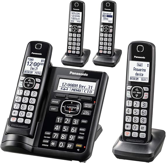 Panasonic 4 Handset Cordless Phone System with Answering Machine, One-Touch Call Block, Enhanced Noise Reduction, Talking Caller ID and Intercom Voice Paging - KX-TGF544B (Black)