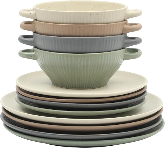 Gibson Elite Clover Hill 12-Piece Stoneware Dinnerware Set Assorted Colors in Sage Green, Charcoal, Taupe & Cream Embossed Reactive Glaze Plates & Bowls, Microwave & Dishwasher Safe, Service for 4