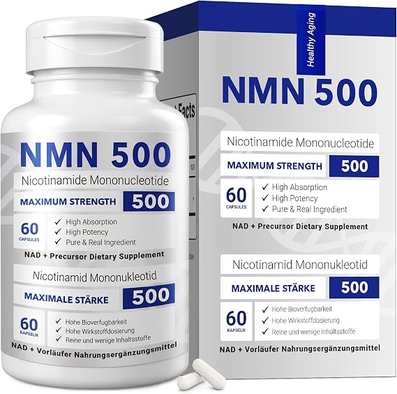 NMN (60-Day Supply, 500mg per Serving) - 99% Pure NMN, Stabilized, 60 Caps | NMN 500mg, Maximum Strength - 99% Pure NMN for NAD, Cell, Immune, Energy, Anti-Aging & Longevity, Stabilized NMN Supplements