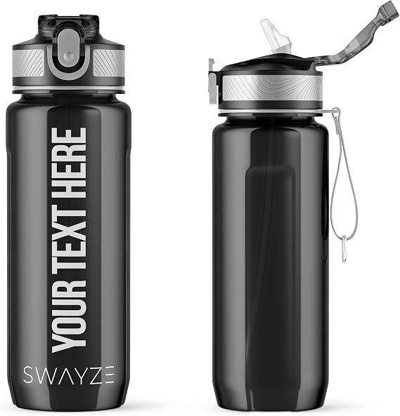 Custom Water Bottle with Straw, Customized Water Bottle, Add Name or Text, Personalized Gift Business Sports Gym (Black - Customized)