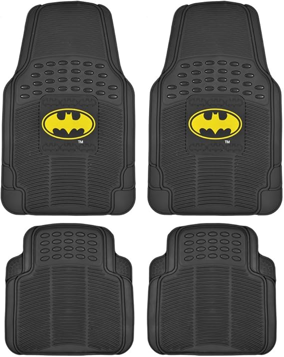BDK Warner Bros Batman Rubber Floor Mats Car Accessories - Universal Fit, No-Slip Grip, All Weather Heavy Duty - 4 pc Trimmable Car Mats Set, Front 27x18, Rear 17.25x13.25