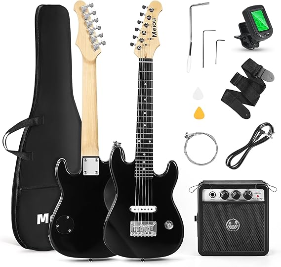 30 Inch Kids Electric Guitar Beginner Kits ST Style Mini Electric Guitar withAmp,Bag,Tuner, Picks, Cable, Strap, Strings (Black)