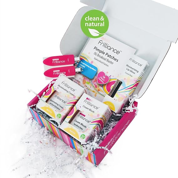 Frilliance Favorite's Teen Gift Beauty & Skincare Bundle, Cruelty Free | Pimple Patches, Clear Lip Gloss, Illuminating Cream & Very Berry Glow Blush, Creaseless Hair Clips, Natural HypoAllergenic