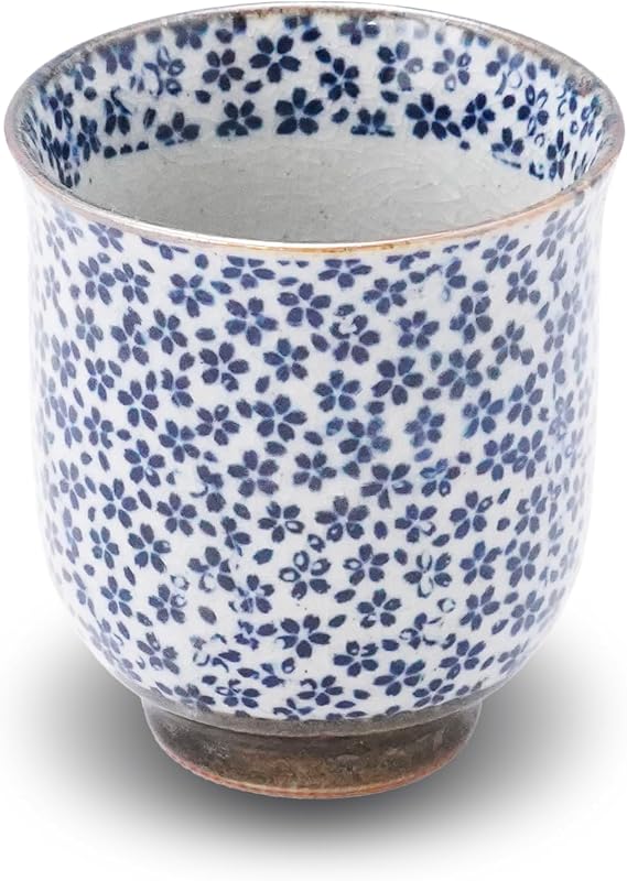 Traditional Japanese Mino Ware Sometsuke Teacup - Floral Pattern, 8 fl oz, Compact Ceramic Tea Cup for Daily Use and Gifts, Ideal for Tea Enthusiasts (Mountain Cherry Blossom)