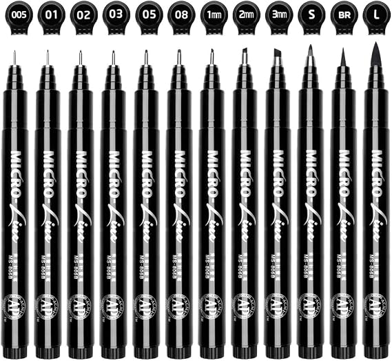 Set of 12 Black Micro-Pen Fineliner Ink Pens - Waterproof Archival ink Fine Point Micro Pen for Multiliner, Sketching, Brush Lettering, Artist Illustration, Technical Drawing, Calligraphy, Scrapbookin