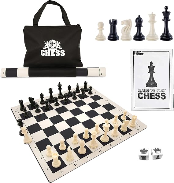 WE Games Best Value Tournament Chess Set - Includes 34 Chess Pieces, Roll Up Vinyl Chess Board, Chess Pieces, Chess Bag and Equalizer Dice, Travel Chess Sets for Adults