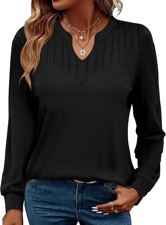 Rapbin Womens Long Sleeve Tops V Neck Dressy Casual T Shirts Trendy Pleated Tunic Shirts Loose Fit Basic Blouses