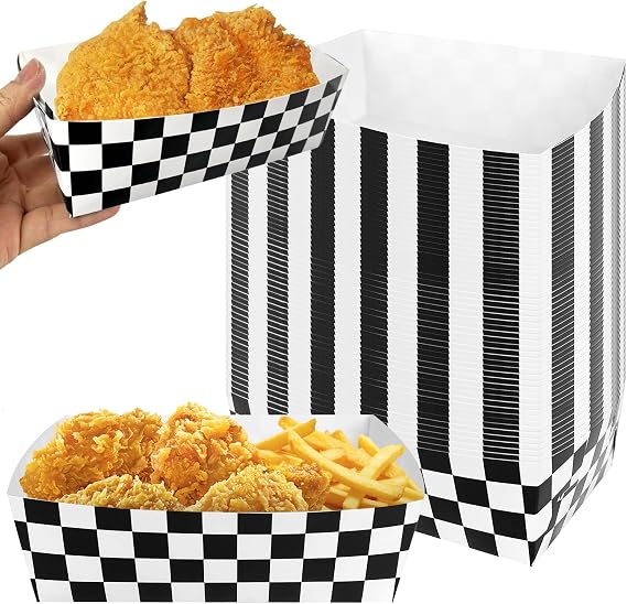 Rainmae 50 Pcs Race Car Food Boats, Disposable Racing Checkered Party Supplies Food Trays, Black and White Paper Serving Trays Two Fast Themed Kids Birthday Party for Hot Dog, Popcorn, Picnics