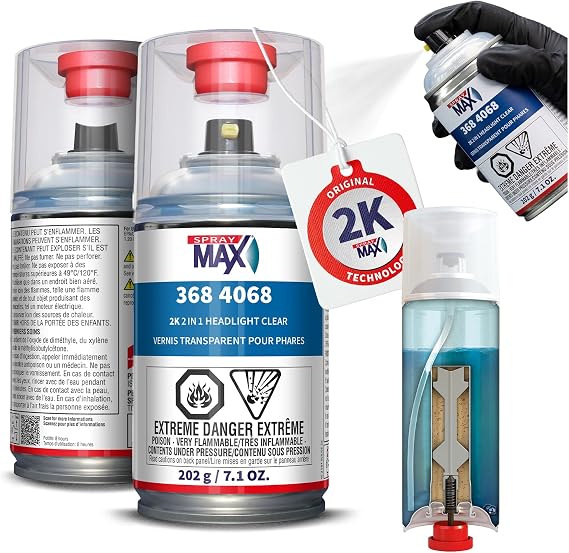 SprayMax 2K 2in1 Headlight Clear Coat | Headlight Restoration Spray | Professional Headlight Restoration Spray & UV Coating Protection | Fixes Scratches, Yellowing & Foggy Headlights | 7.1 oz