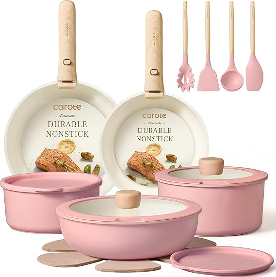 CAROTE 19pcs Pots and Pans Set Non Stick, Detachable Handle Cookware, Pink