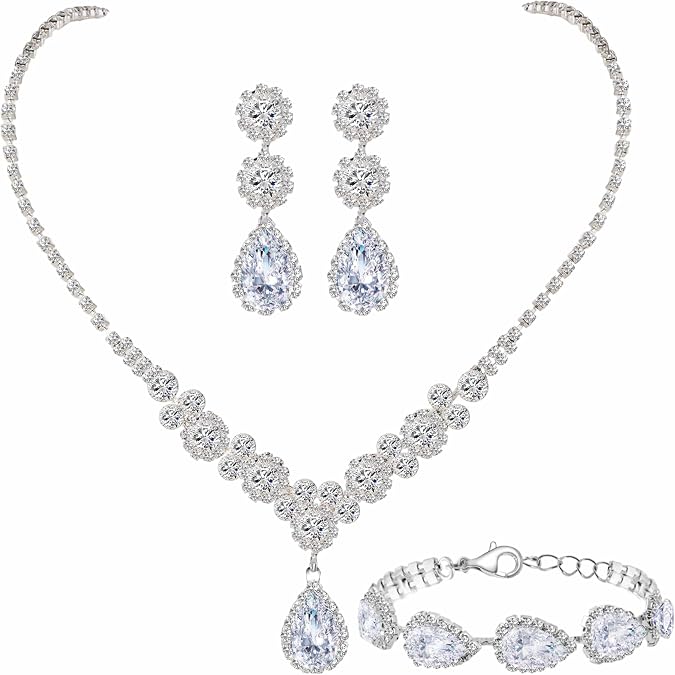 Paxuan Silver/Gold Rhinestone Crystal Wedding Bridal Bridesmaids Earrings Bracelet Set for Women Brides Bridesmaids Crystal Rhinestone Bracelet Earrings Set for Wedding Bridal Prom Pageant