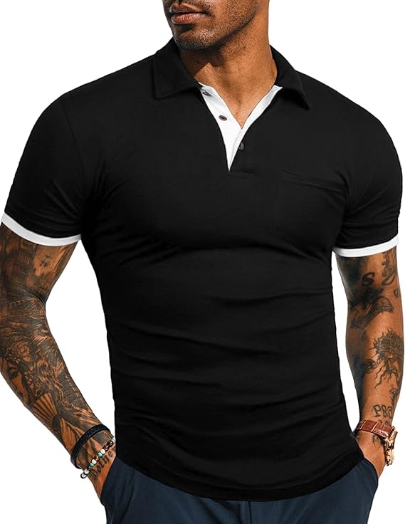 KUYIGO Mens Polo Shirt Slim Fit Cotton Casual Collared Pocket Top
