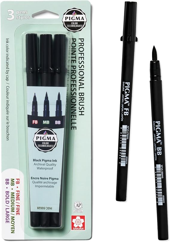 Sakura Pigma Professional Brush Pens - Archival Black Ink Pens - Pens for Lettering, Modern Calligraphy, or Drawing - Brush Nibs - 3 Pack