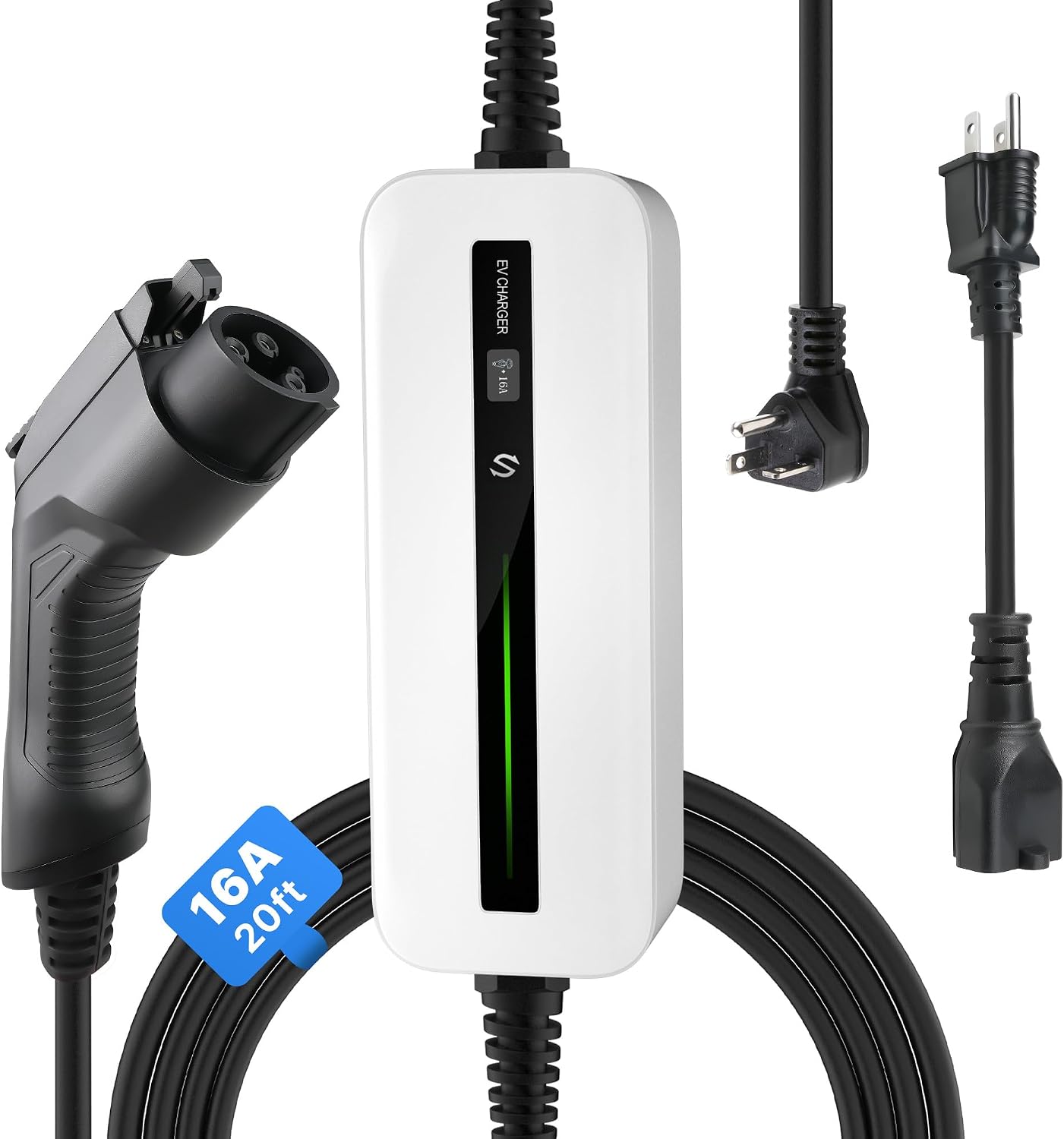 Level 1&2 EV Charger, Portable Charger with 20FT Cable, Home Charging Station for J1772 Electric Cars, 16A NEMA6-20 Plug with Adapter for NEMA 5-15