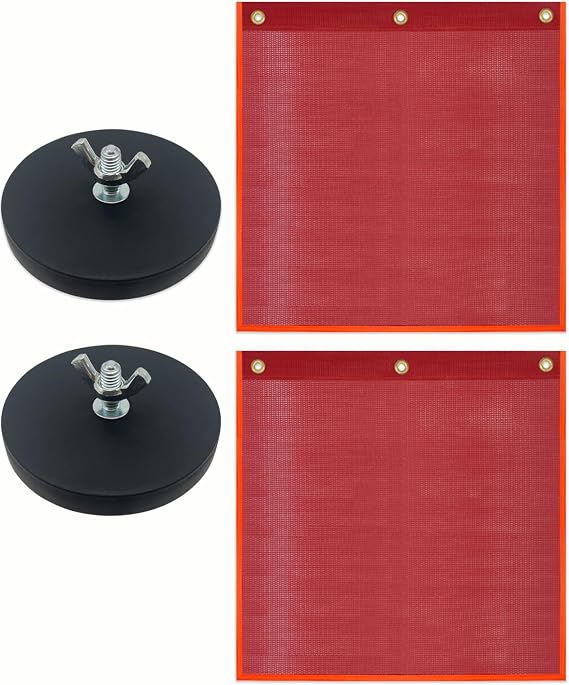 Safety Flags with Magnetic Base for Truck, Red Mesh Heavy Duty Magnetic Safety Flag 18 x 18 Inch Flag with Brass Loop Safety Warning Flags with Magnet Base for Truck Trailer Oversize Load-2 Pack