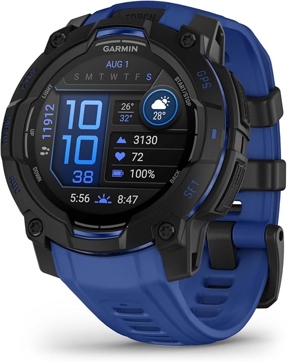 Garmin Instinct 3 45 mm, AMOLED Display, Rugged Outdoor GPS Smartwatch, Built-in Flashlight, Supernova Collection Limited Edition Color, Black with Bolt Blue/Black Silicone Band