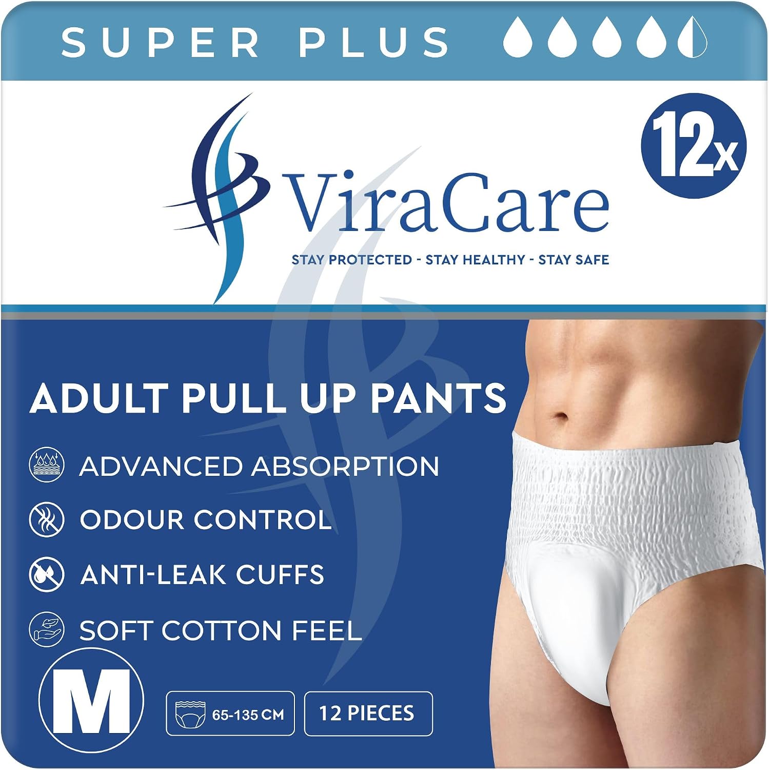 12 x Super Plus Incontinence Pants Women & Men | Adults Nappies | Advanced Absorption and Soft-Stretch Waistband | Adults Pull Up Pants | Waist Size Medium 65-135 cm |1 Pack of 12, Medium