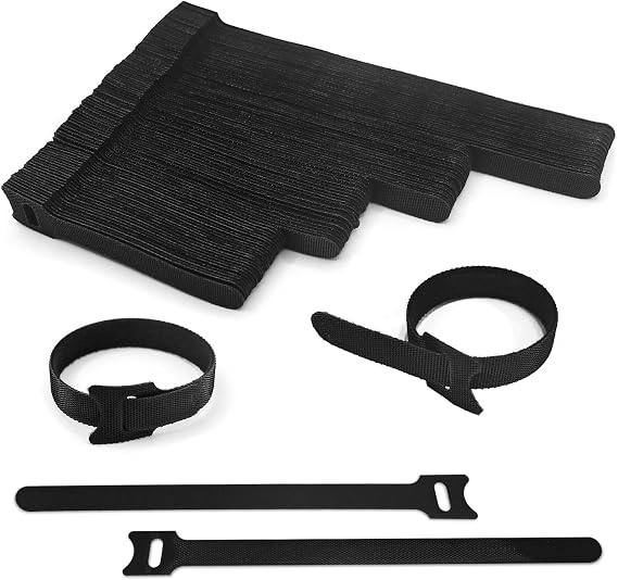 100pcs Reusable Cable Ties, 4 Different Lengths 20cm/15cm/12cm/10cm, Black Reusable Fastening Cable Straps, Hook and Loop Securing Strap for Cable Tidy, Wire Management, Cord Organiser