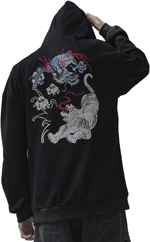 XYXIONGMAO Embroiderd Streetwear Dragon Tiger Fight Hoodies Men Japanese Black Hip Hop Graphic Hoodie Techwear Sweatshirt