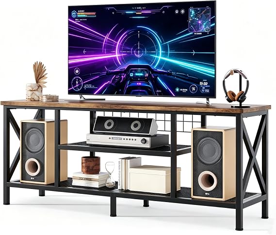 Gizoon 59.8" Industrial TV Stand for 55-65 Inch TVs, Rustic Brown, 3-Tier Media Entertainment Center with Open Shelves, Metal Frame, Sofa Table for Living Room, Bedroom, Office |