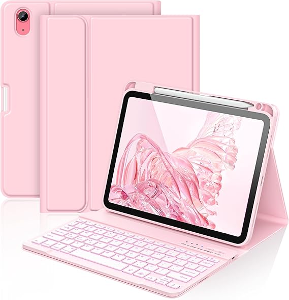 aMZCaSE for iPad A16 11th 10th Generation Case with Keyboard - 7 Colors Backlight Detachable Folio Keyboard Case for iPad (A16) 11th Gen 2025 & 10th Gen 10.9 inch 2022, Smart Wake/Up, Light Pink