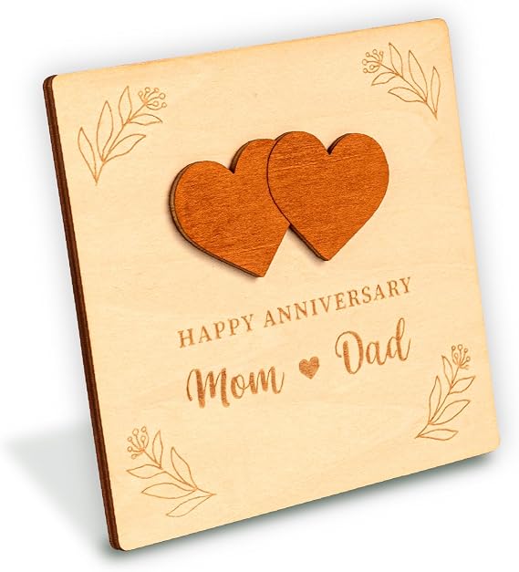 WOODAMORE Happy Anniversary Card for Parents, Wood Card with Heart Puzzles | wooden card 5.11x5.11 in, 2 heart puzzles to write names, envelope included, gift from daughter or son