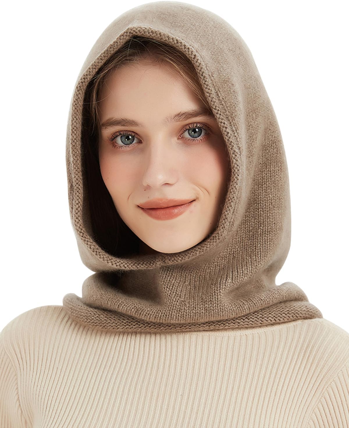 YUONNY 100% Cashmere Balaclava Hood Loop Scarf, Women Men Winter Knitted Hooded Scarf Hat, Windproof Warm Neck Warmer
