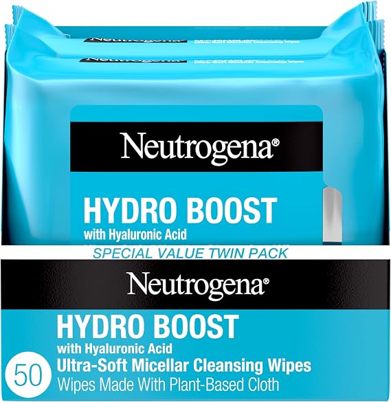 Neutrogena HydroBoost Facial Cleansing & Makeup Remover Wipes with Hyaluronic Acid, Hydrating Pre-Moistened Face Towelettes to Cleanse & Remove Dirt, Makeup & Impurities, Twin Pack, 25 ct