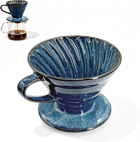 Pour Over Coffee Maker & Ceramic Dripper, 1-4 Cup Porcelain V60 Filter Cone | Hand Brewed Cone for Home, Office, Camping Artisanal Barista Gift, Durable & Easy-Clean Design, Classic Pour Over Style
