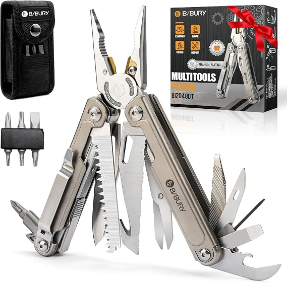BIBURY 24-in-1 Titanium Multitool Pliers, 8.7oz Ultra-Light EDC Pocket Tool with Sheath & Belt Clip, Aerospace-Grade Titanium Handle for Camping, Hiking, DIY, Gift for Men - 2048DT