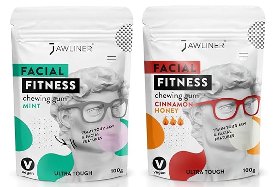 Jawliner Fitness Chewing Gum 15X Harder Jawline Gum Sugar Free Mint and Cinnamon Honey Jaw Gum Includes 12 Weeks Coaching - Jawline Exerciser for Mewing & Shaping the Jaw (4 Months Pack of 2 Flavor)