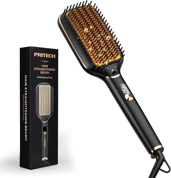 PRITECH Ionic Hair Straightener Brush, 20s Fast Heating 5 Temps Hot Comb | Anti-Scald Ceramic Bristles, Dual Voltage,LED Display,360 Swivel Cord Styling Tools for Thick Curly Hair & Morning Commute