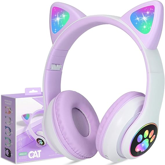 TCJJ Cat Ear Kids Bluetooth Headphones, LED, 85dB Volume Limit