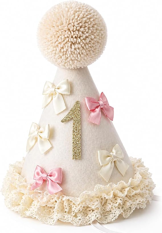 1 Birthday Hat Fabric One Party Hat with Handmade Pom Pom & Lace Ruffle, Neutral 1st Birthday Hat for Boys & Girls