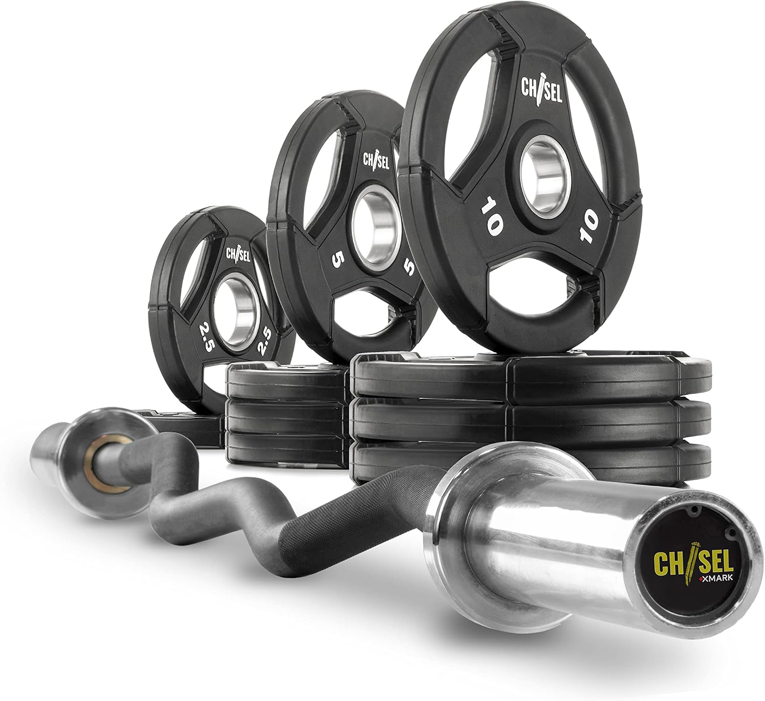 XMark CHISEL 65 lb Olympic Weights Set and CHISEL Olympic EZ Curl Bar, Barbell and Weight Plates