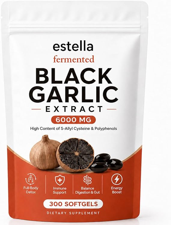 Estella Fermented Black Garlic Extract Softgels, Odorless Aged Garlic, Daily Wellness & Digestive Balance Formula, Vegan, Non-GMO, 300 Count (1)