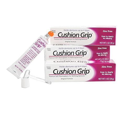 Cushion Grip Thermoplastic Denture Adhesive - Refits & Tightens Dentures | Works Like a Denture Reliner for Secure Fit & Comfort, Holds Up to 4 Days, Glue-Free, Waterproof & Zinc-Free, 1 oz (3 Packs)