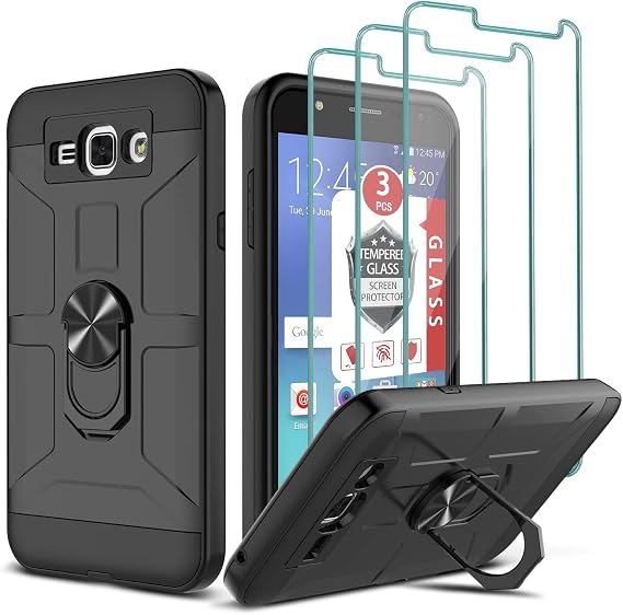 Case for Gaalxy J7 2015/Neo/J7 Core/J7 Duos/Nxt, J7 2015 Case with [3X Tempered Glass Screen Protector], Built-in Ring Kickstand and Magnetic Car Mount Shockproof Dropproof Armor Cover - Black