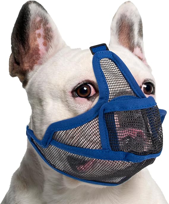 Coppthinktu Short Snout Dog Muzzle, Breathable Mesh French Bulldog Muzzle Full Pant Muzzles for Pitbull, Soft Flat Face Dog Muzzles for Pug Prevent Biting Allow Pant & Drink (Blue M)