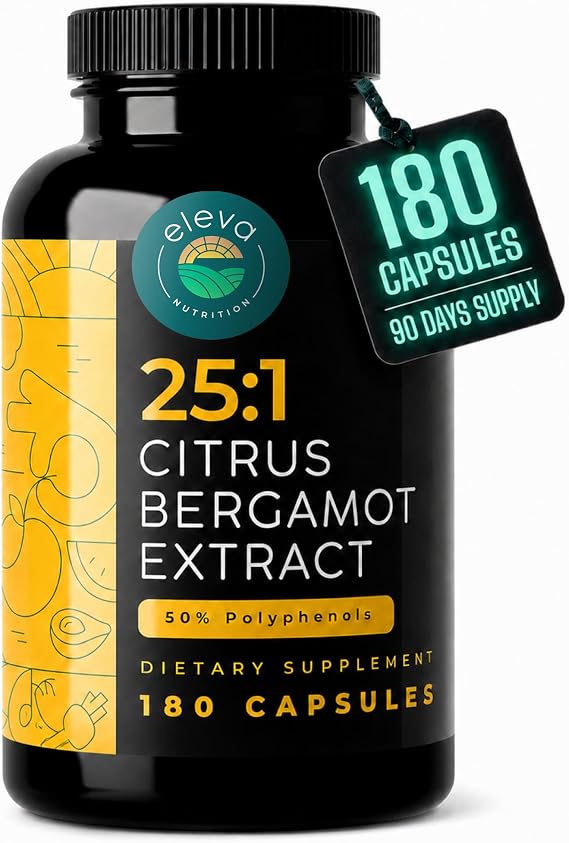 Citrus Bergamot Extract 1000mg Capsules Natural 25:1 Citrus Bergamot Supplement with 50% Polyphenols and Black Pepper Extract Natural Formula Vegan and Non-GMO 180 Capsules