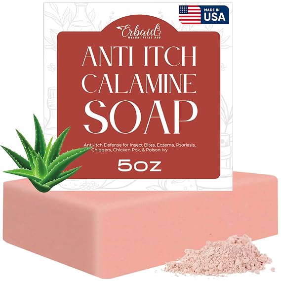 Erbaid Calamine Soap Bar All Natural Instant Itch Relief Calming Calamine Soap for Itchy Skin, Insect Bite, Eczema, Poison Ivy Rash Pure Anti-Itch Body Wash Made in USA Large 5oz Bar