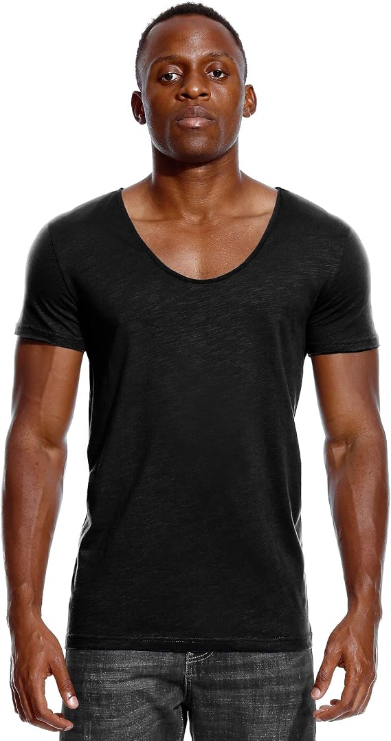 Deep V Neck T Shirt for Men Low Cut Scoop Tee Invisible Vee Top Cotton Short Sleeve Wide Neck