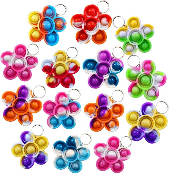 50 Packs Bluk Flowers Rainbow Mini Pop Fidget Keychain , Birthday Party Favors ,for Kids, boy and Little Girl Student Prize