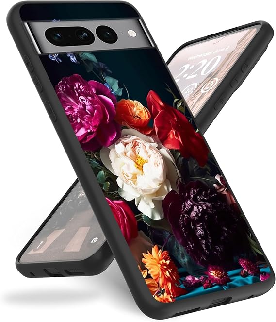 Case for Google Pixel 7 Pro,for Google Pixel 7 Phone Case,Slim Anti-Scratch Shockproof Durable Black Silicone Protective Cover Case for Google Pixel 7 Pro 6.7" 2022,Cute Peony Peonies