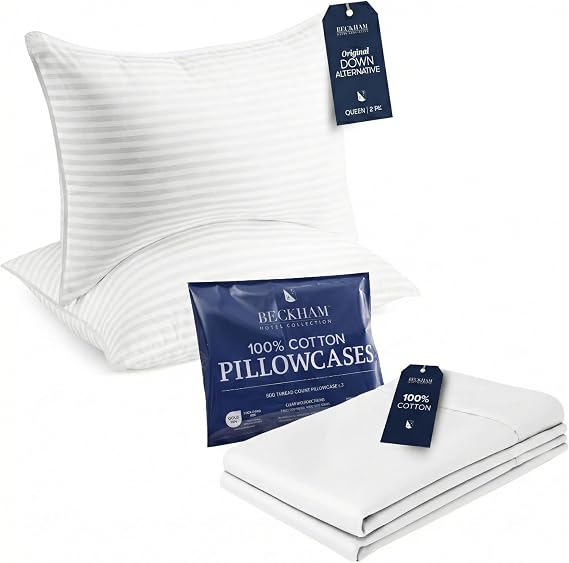 Beckham Hotel Collection Queen Pillows with Cotton Pillowcases Sets of 2, Soft Down Alternative Pillows, Open End Cases for Easy Changing, White