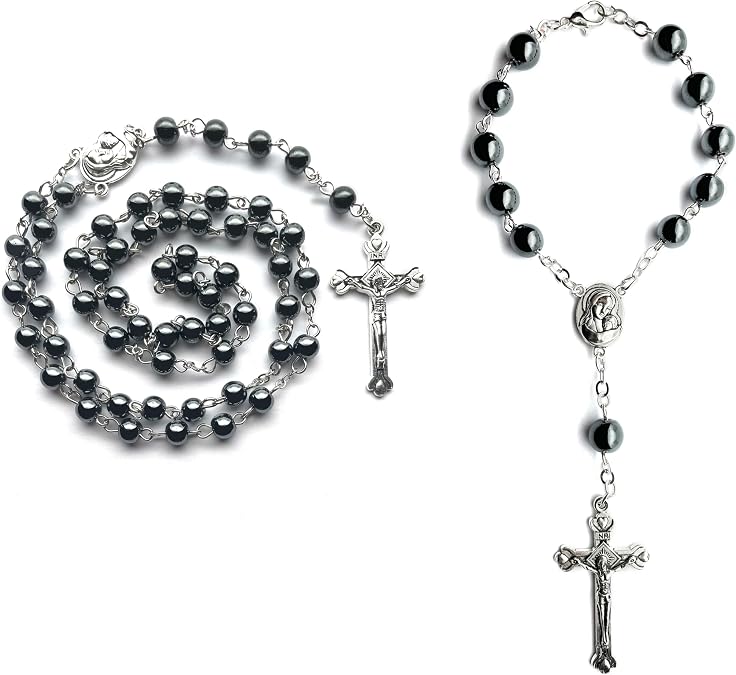 6mm Hematite Stone Black Beads St Benedict Medals Catholic Rosary Necklace for Men and Women with 8mm Auto Rosary for Car Rearview Mirror, First Confirmation Gifts,Medal and Crucifix Rosary Beads Catholic Necklace and Car Rosary Sets