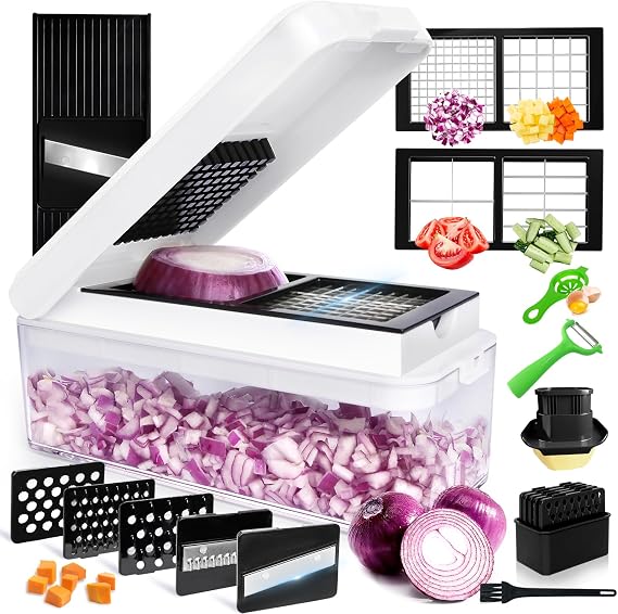 Vegetable Chopper, Onion Chopper Dicer, Mandoline Slicer, Food Chopper with Container, Vegetable Cutter for Salad Potato Carrot Garlic(9 Blades, White Black)