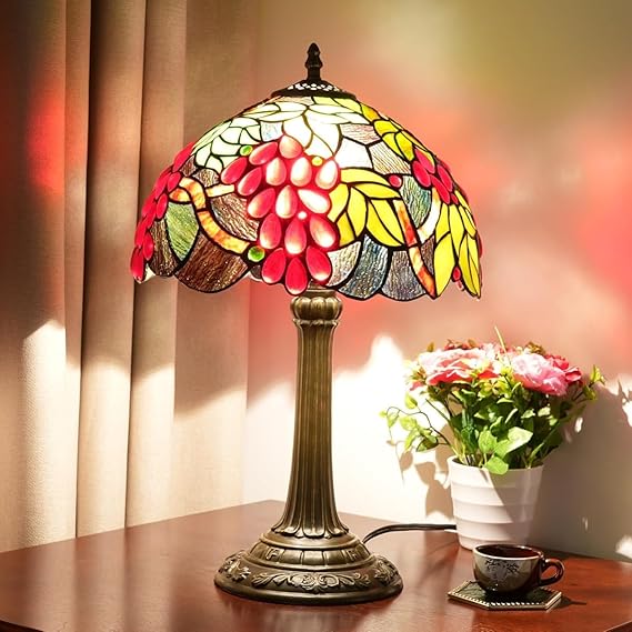 12 Inches Stained Glass Table Lamp Grape Tiffany Style Bedside for Desk Reading Light Bedroom Dorm Living Kitchen Home Decor