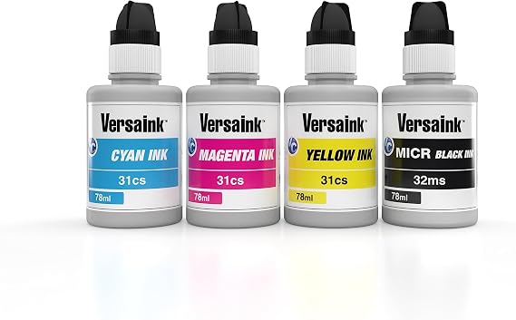 VersaInk-Nano 32 MS MICR Black & 31 CS CMY Color Ink 78ml Bottle 4 Pack Compatible with HP 32 Black & HP 31 CMY Colors