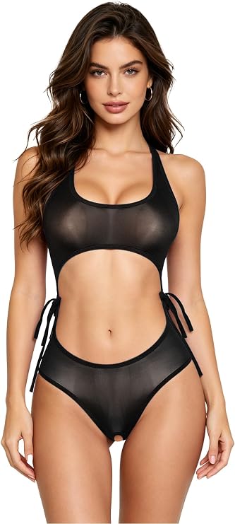 Freebily Women Slutty Lingerie Nightwear Hollow Out High Stretchy Swimsuit Leotard with Pearls Massage
